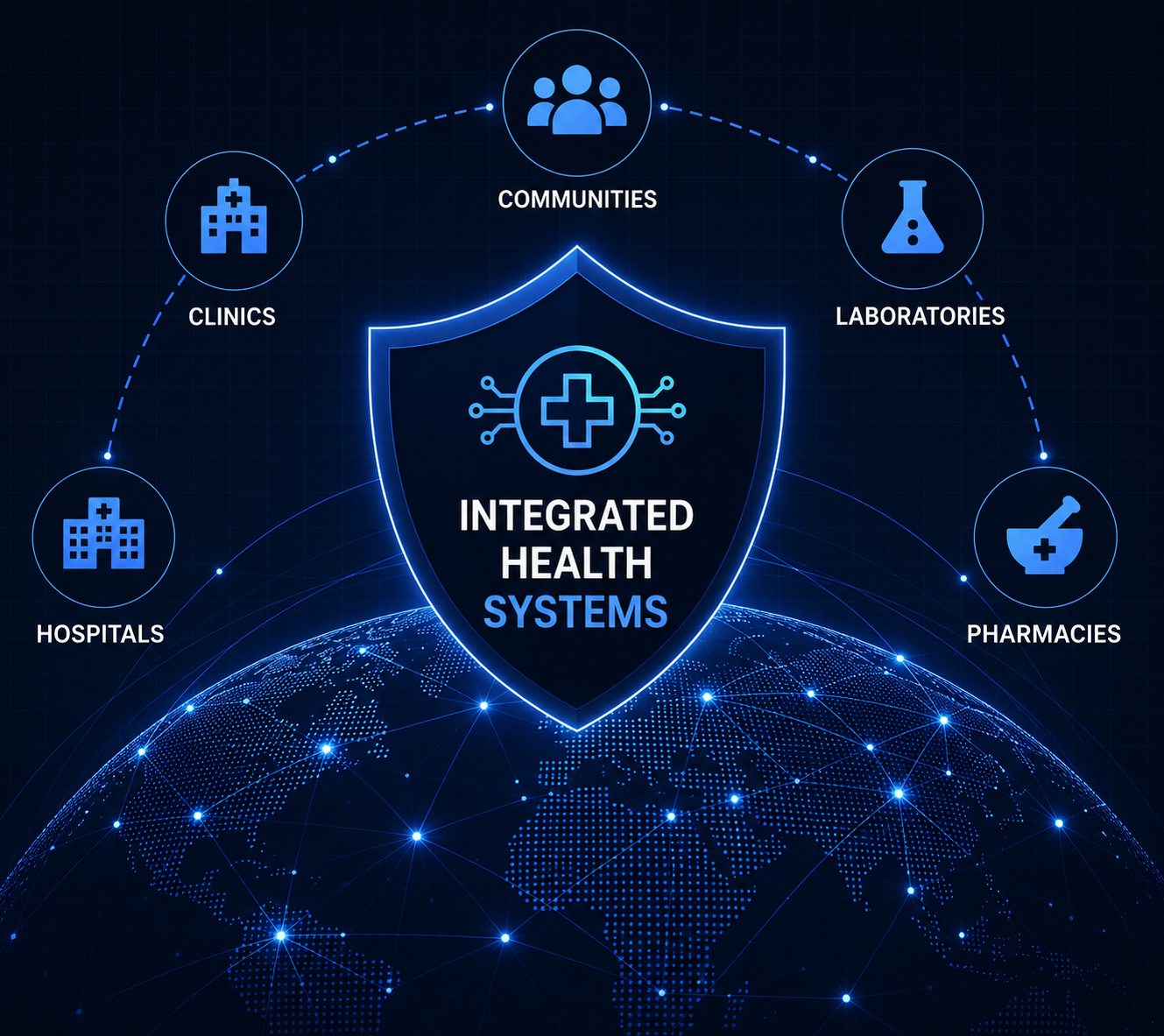 Diagram of the Dolme Innovations integrated health systems network — a central platform connecting hospitals, clinics, communities, laboratories and pharmacies
