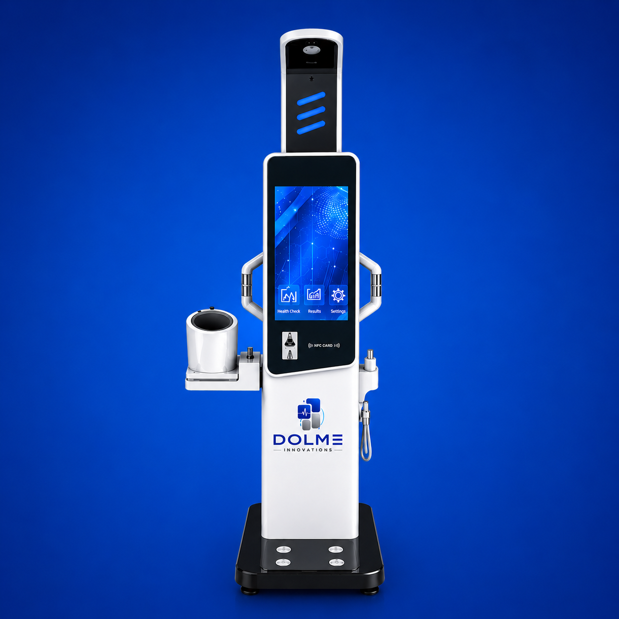 Dolme Innovations Smart Health Kiosk — an Android-powered self-service screening kiosk with integrated blood-pressure cuff, body-composition foot plates, handheld pulse oximeter, NFC card reader, and touch screen